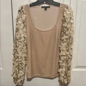 Boston Proper Beige and Gold Sequin Blouse